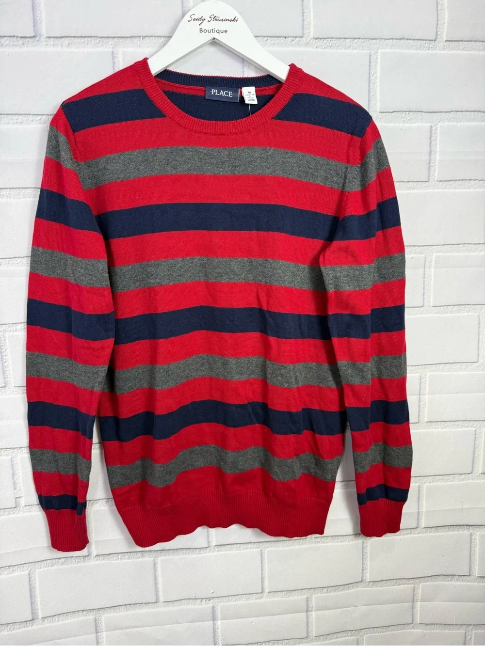 The Children’s Place Boys Striped Sweater Size 16 Red Blue Gray Crewneck